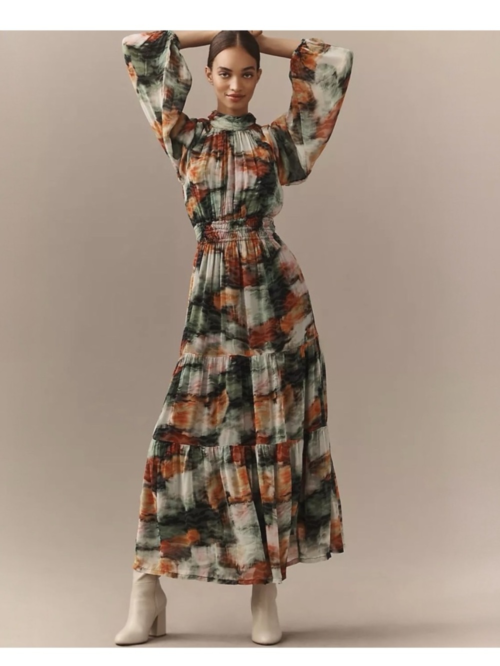 Anthropologie Somerset Long Sleeve Chiffon Maxi Dress in Watercolor